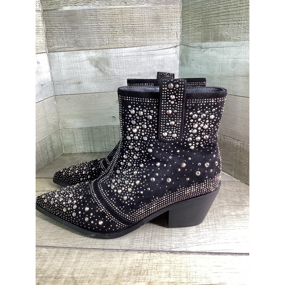 Vici Black Studded Western Ankle Boots Pointed Toe Block Heel Rhinestone US 9.5